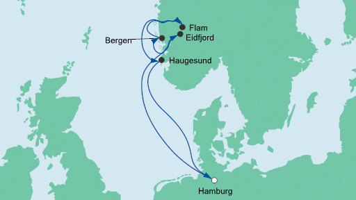 Routenverlauf für Norwegens Küste ab Hamburg mit AIDAaura am 20.02.21 Routenverlauf für Norwegens Küste ab Hamburg mit AIDAaura am 20.02.21