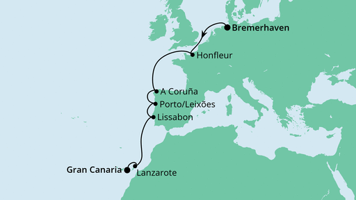 Routenverlauf für Von Bremerhaven nach Gran Canaria mit AIDAaura am 18.10.22 Routenverlauf für Von Bremerhaven nach Gran Canaria mit AIDAaura am 18.10.22