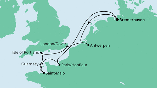 Routenverlauf für Belgien, Großbritannien & Frankreich mit AIDAaura am 03.10.23 Routenverlauf für Belgien, Großbritannien & Frankreich mit AIDAaura am 03.10.23