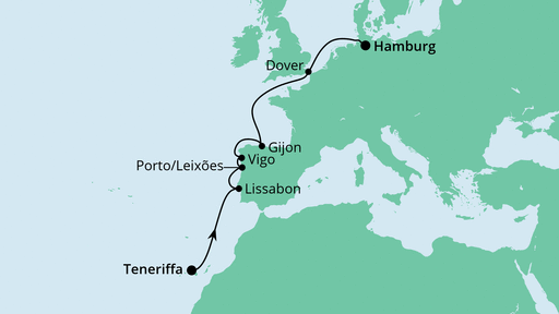 Routenverlauf für Von Teneriffa nach Hamburg 1 mit AIDAaura am 23.03.23