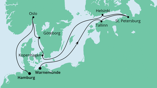Routenverlauf für Baltikum & Skandinavien ab Warnemünde mit AIDAaura am 15.10.20 Routenverlauf für Baltikum & Skandinavien ab Warnemünde mit AIDAaura am 15.10.20