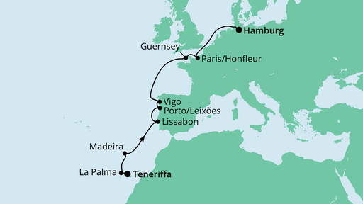 Routenverlauf für Von Teneriffa nach Hamburg mit AIDAaura am 22.04.24 Routenverlauf für Von Teneriffa nach Hamburg mit AIDAaura am 22.04.24