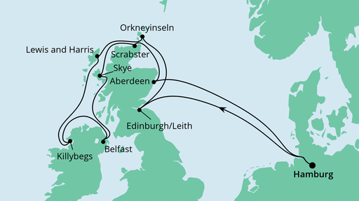 Routenverlauf für Schottische Inseln & Irland mit AIDAaura am 24.05.24 Routenverlauf für Schottische Inseln & Irland mit AIDAaura am 24.05.24