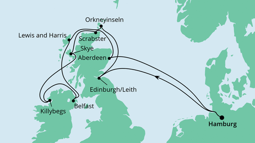 Routenverlauf für Schottische Inseln & Irland mit AIDAaura am 05.06.24 Routenverlauf für Schottische Inseln & Irland mit AIDAaura am 05.06.24