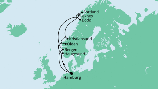 Routenverlauf für Norwegischer Mittsommer mit AIDAaura am 17.06.24