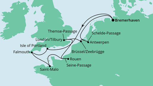 Routenverlauf für Westeuropas Flüsse ab Bremerhaven mit AIDAaura am 14.09.24 Routenverlauf für Westeuropas Flüsse ab Bremerhaven mit AIDAaura am 14.09.24
