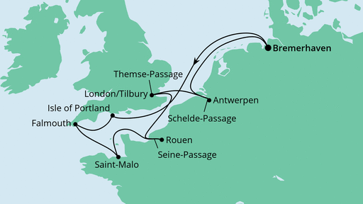 Routenverlauf für Westeuropas Flüsse ab Bremerhaven mit AIDAaura am 26.09.24