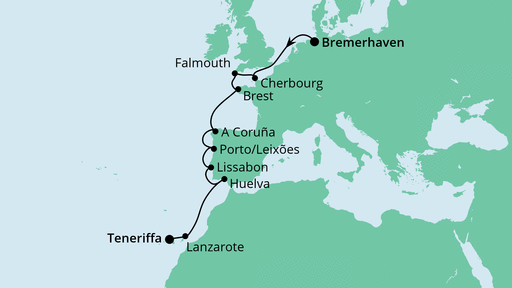 Routenverlauf für Von Bremerhaven nach Teneriffa mit AIDAaura am 12.10.23 Routenverlauf für Von Bremerhaven nach Teneriffa mit AIDAaura am 12.10.23