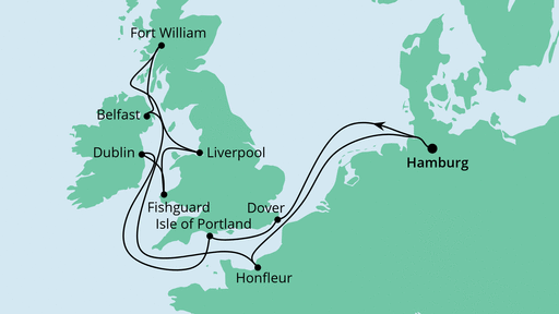 Routenverlauf für Großbritannien & Irland mit AIDAaura am 12.07.20 Routenverlauf für Großbritannien & Irland mit AIDAaura am 12.07.20