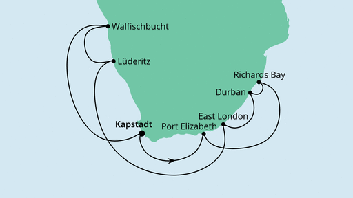 Routenverlauf für Südafrika & Namibia mit AIDAaura am 09.01.23