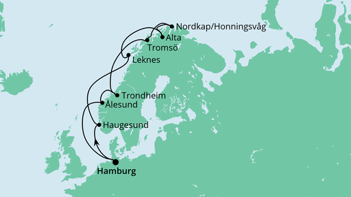 Routenverlauf für Große Norwegenreise mit AIDAaura am 02.04.23 Routenverlauf für Große Norwegenreise mit AIDAaura am 02.04.23