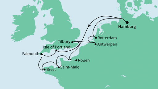 Routenverlauf für Westeuropas Flüsse ab Hamburg mit AIDAaura am 26.05.23 Routenverlauf für Westeuropas Flüsse ab Hamburg mit AIDAaura am 26.05.23