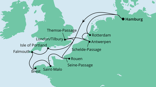 Routenverlauf für Westeuropas Flüsse ab Hamburg mit AIDAaura am 29.06.24 Routenverlauf für Westeuropas Flüsse ab Hamburg mit AIDAaura am 29.06.24