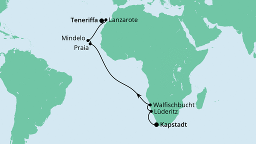 Routenverlauf für Von Kapstadt nach Teneriffa mit AIDAaura am 06.03.23