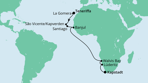 Routenverlauf für Von Teneriffa nach Kapstadt mit AIDAaura am 08.11.23 Routenverlauf für Von Teneriffa nach Kapstadt mit AIDAaura am 08.11.23