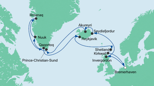 Routenverlauf für Island & Grönland 2 mit AIDAaura am 21.08.21 Routenverlauf für Island & Grönland 2 mit AIDAaura am 21.08.21