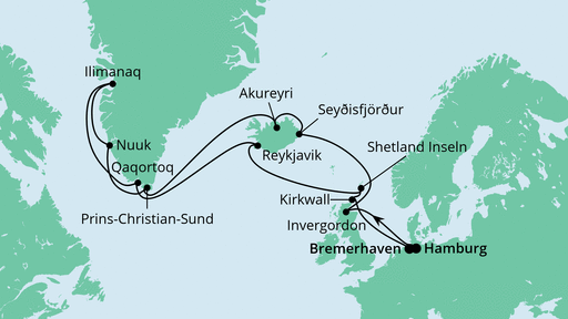 Routenverlauf für Island & Grönland 1 mit AIDAaura am 08.07.23 Routenverlauf für Island & Grönland 1 mit AIDAaura am 08.07.23