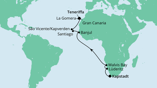 Routenverlauf für Von Kapstadt nach Teneriffa mit AIDAaura am 18.03.24