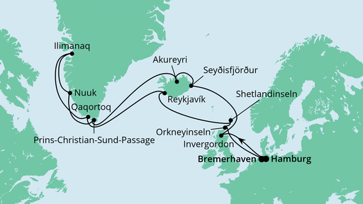 Routenverlauf für Island & Grönland ab Hamburg mit AIDAaura am 13.07.24