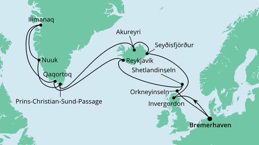Routenverlauf für Island & Grönland ab Bremerhaven mit AIDAaura am 24.08.24