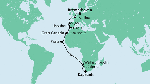 Routenverlauf für Von Bremerhaven nach Kapstadt mit AIDAaura am 04.11.21 Routenverlauf für Von Bremerhaven nach Kapstadt mit AIDAaura am 04.11.21