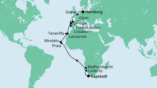 Routenverlauf für Von Südafrika nach Hamburg mit AIDAaura am 06.03.23