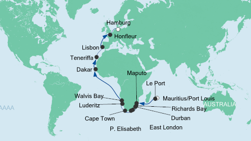 Routenverlauf für Von Mauritius nach Hamburg mit AIDAaura am 19.01.20
