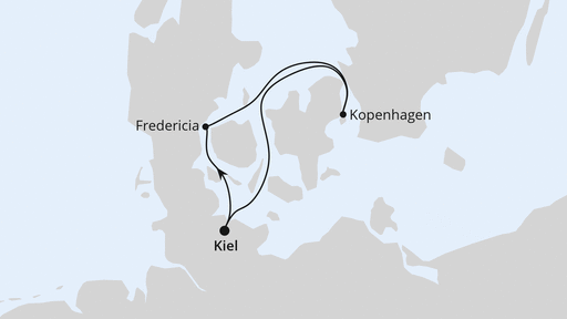 Routenverlauf für Kurzreise nach Dänemark ab Kiel 2 mit AIDAbella am 30.08.26