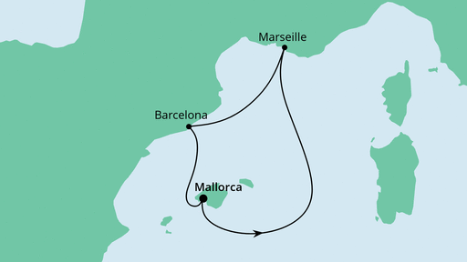 Routenverlauf für Kurzreise ab Mallorca mit AIDAbella am 29.04.21 Routenverlauf für Kurzreise ab Mallorca mit AIDAbella am 29.04.21