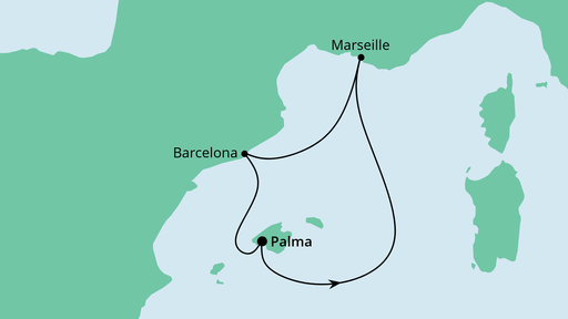 Routenverlauf für Kurzreise nach Mallorca mit AIDAbella am 27.04.23 Routenverlauf für Kurzreise nach Mallorca mit AIDAbella am 27.04.23
