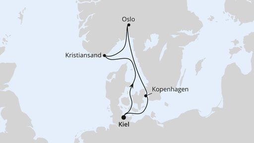Routenverlauf für Skandinavische Städte ab Kiel mit AIDAbella am 17.05.26 Routenverlauf für Skandinavische Städte ab Kiel mit AIDAbella am 17.05.26
