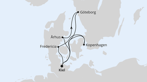 Routenverlauf für Dänemark ab Kiel mit AIDAbella am 21.09.26 Routenverlauf für Dänemark ab Kiel mit AIDAbella am 21.09.26