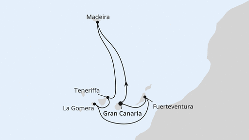 Routenverlauf für Kanaren & Madeira mit AIDAbella am 14.12.25 Routenverlauf für Kanaren & Madeira mit AIDAbella am 14.12.25