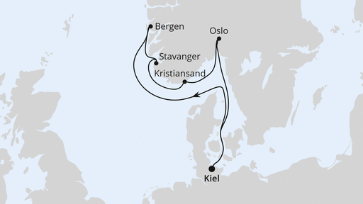 Routenverlauf für Südnorwegen ab Kiel mit AIDAbella am 29.03.26 Routenverlauf für Südnorwegen ab Kiel mit AIDAbella am 29.03.26