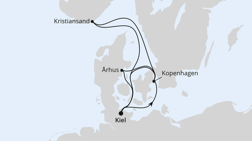 Routenverlauf für Skandinavien mit Kopenhagen ab Kiel mit AIDAbella am 18.10.26