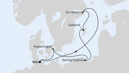 Routenverlauf für Schweden, Polen & Dänemark ab Kiel mit AIDAbella am 22.08.27