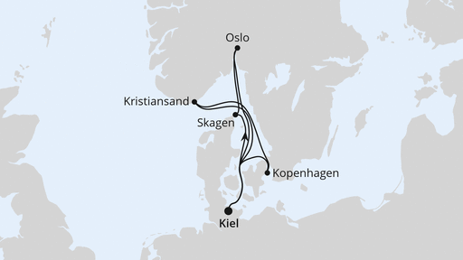 Routenverlauf für Skandinavien ab Kiel mit AIDAbella am 13.09.26 Routenverlauf für Skandinavien ab Kiel mit AIDAbella am 13.09.26