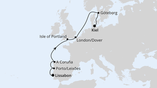 Routenverlauf für Westeuropa-Highlights von Lissabon nach Kiel mit AIDAbella am 17.04.27
