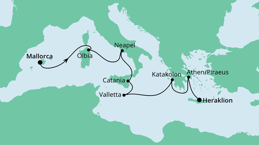 Routenverlauf für Von Mallorca nach Kreta mit AIDAbella am 12.10.22 Routenverlauf für Von Mallorca nach Kreta mit AIDAbella am 12.10.22