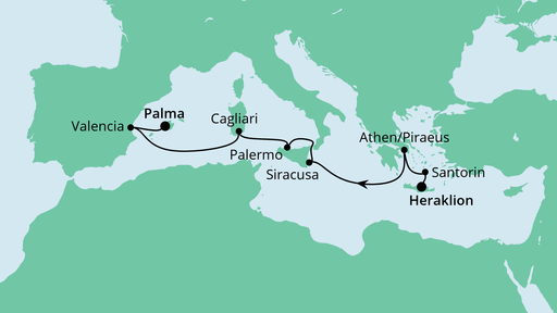 Routenverlauf für Von Kreta nach Mallorca mit AIDAbella am 03.04.23 Routenverlauf für Von Kreta nach Mallorca mit AIDAbella am 03.04.23