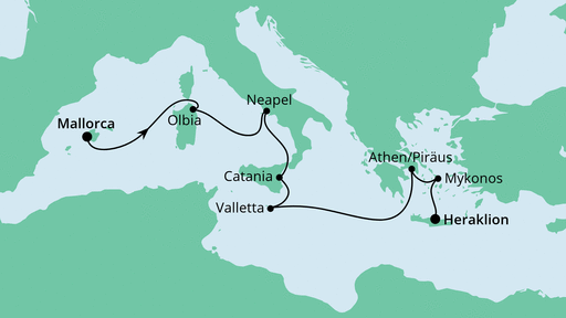 Routenverlauf für Von Mallorca nach Kreta mit AIDAbella am 09.10.24 Routenverlauf für Von Mallorca nach Kreta mit AIDAbella am 09.10.24