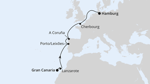 Routenverlauf für Von Gran Canaria nach Hamburg mit AIDAbella am 15.04.25 Routenverlauf für Von Gran Canaria nach Hamburg mit AIDAbella am 15.04.25