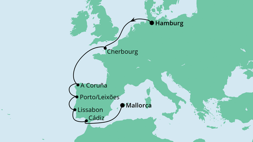 Routenverlauf für Von Hamburg nach Mallorca mit AIDAbella am 02.10.22 Routenverlauf für Von Hamburg nach Mallorca mit AIDAbella am 02.10.22