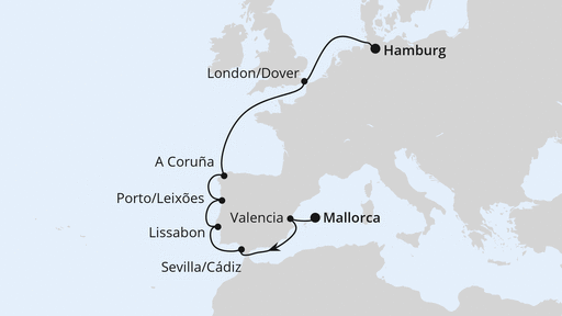 Routenverlauf für Von Mallorca nach Hamburg mit AIDAbella am 01.05.24 Routenverlauf für Von Mallorca nach Hamburg mit AIDAbella am 01.05.24