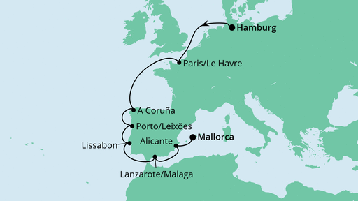 Routenverlauf für Von Hamburg nach Mallorca mit AIDAbella am 29.09.24 Routenverlauf für Von Hamburg nach Mallorca mit AIDAbella am 29.09.24