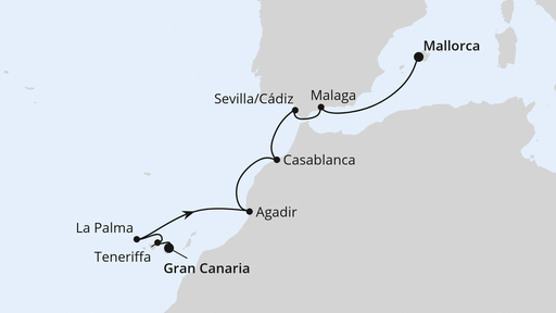 Routenverlauf für Kanaren, Marokko & Andalusien 2 mit AIDAbella am 11.01.26 Routenverlauf für Kanaren, Marokko & Andalusien 2 mit AIDAbella am 11.01.26
