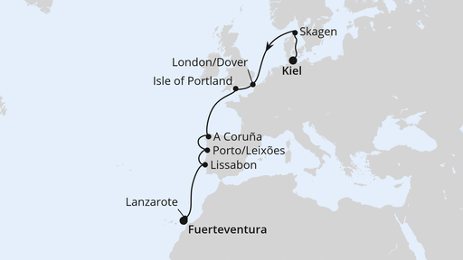 Routenverlauf für Von Kiel nach Fuerteventura 1 mit AIDAbella am 03.11.25 Routenverlauf für Von Kiel nach Fuerteventura 1 mit AIDAbella am 03.11.25