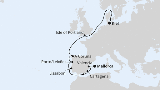 Routenverlauf für Spanien, Portugal und englische Küste mit AIDAbella am 18.03.26 Routenverlauf für Spanien, Portugal und englische Küste mit AIDAbella am 18.03.26