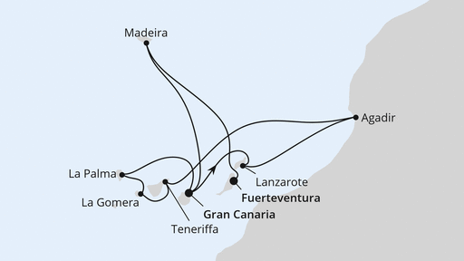 Routenverlauf für Kanaren, Madeira & Marokko mit AIDAbella am 21.12.25