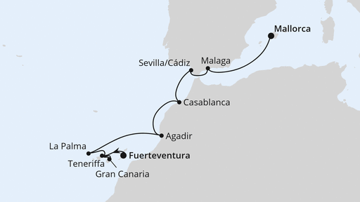 Routenverlauf für Kanaren, Marokko & Andalusien 1 mit AIDAbella am 09.01.26 Routenverlauf für Kanaren, Marokko & Andalusien 1 mit AIDAbella am 09.01.26